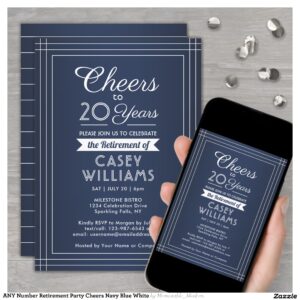 ANY Number Retirement Party Cheers Navy Blue White Invitation