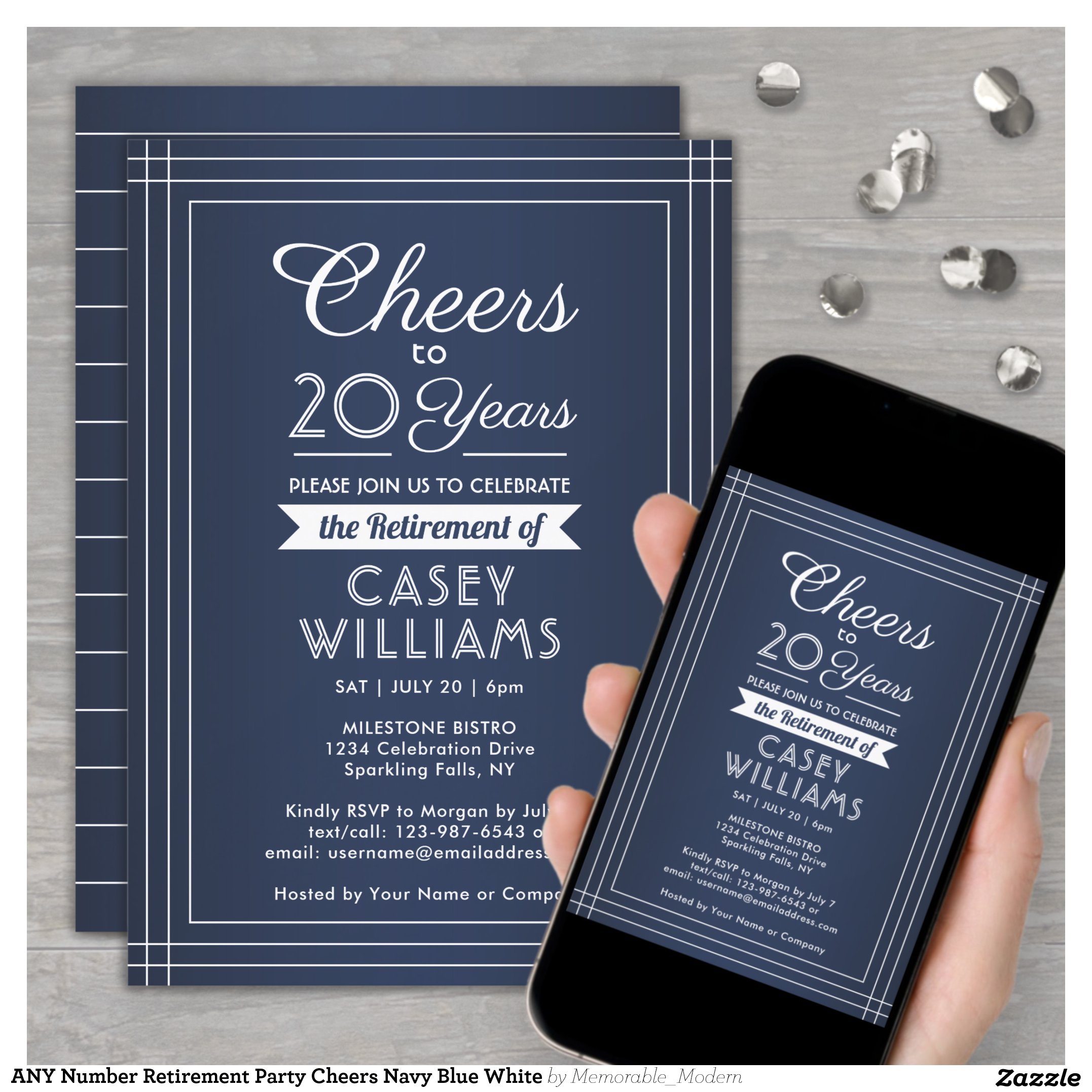 ANY Number Retirement Party Cheers Navy Blue White Invitation