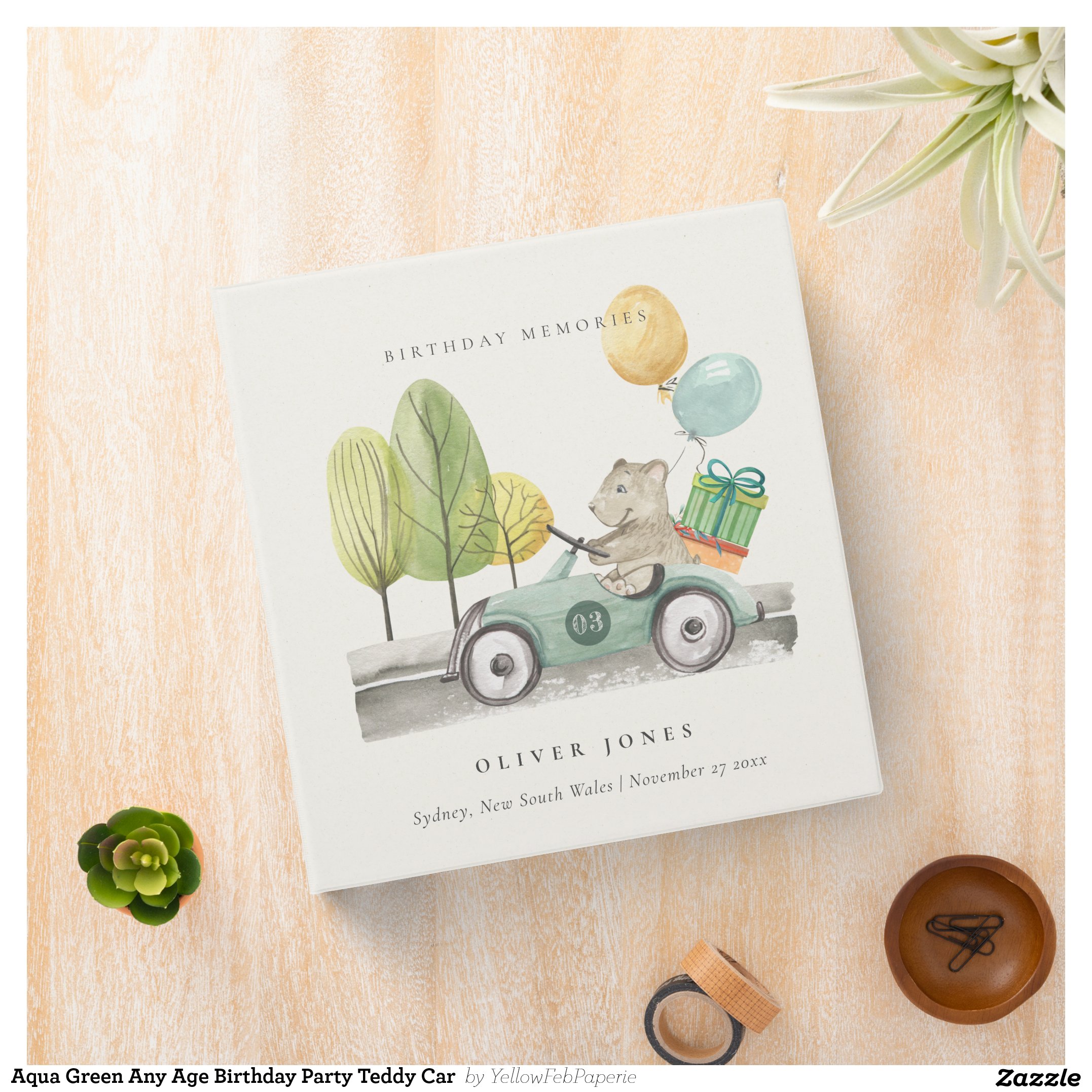 Aqua Green Any Age Birthday Party Teddy Car  3 Ring Binder