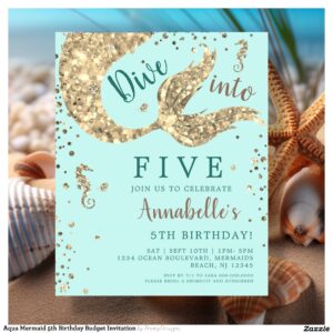 Aqua Mermaid 5th Birthday Budget Invitation