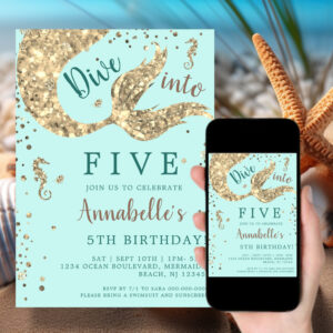 Aqua Mermaid Tail 5th Birthday Invitation