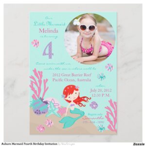 Auburn Mermaid Fourth Birthday Invitation