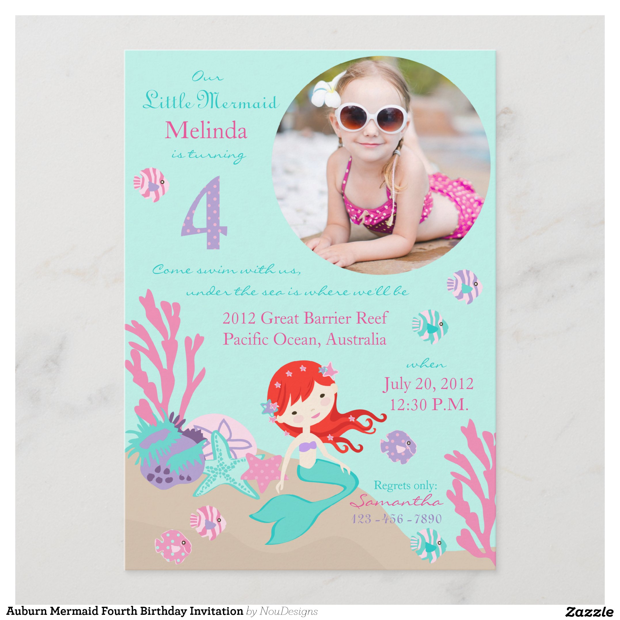 Auburn Mermaid Fourth Birthday Invitation