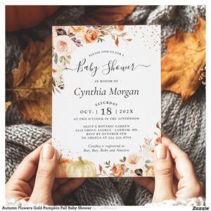 Autumn Flowers Gold Pumpkin Fall Baby Shower Invitation