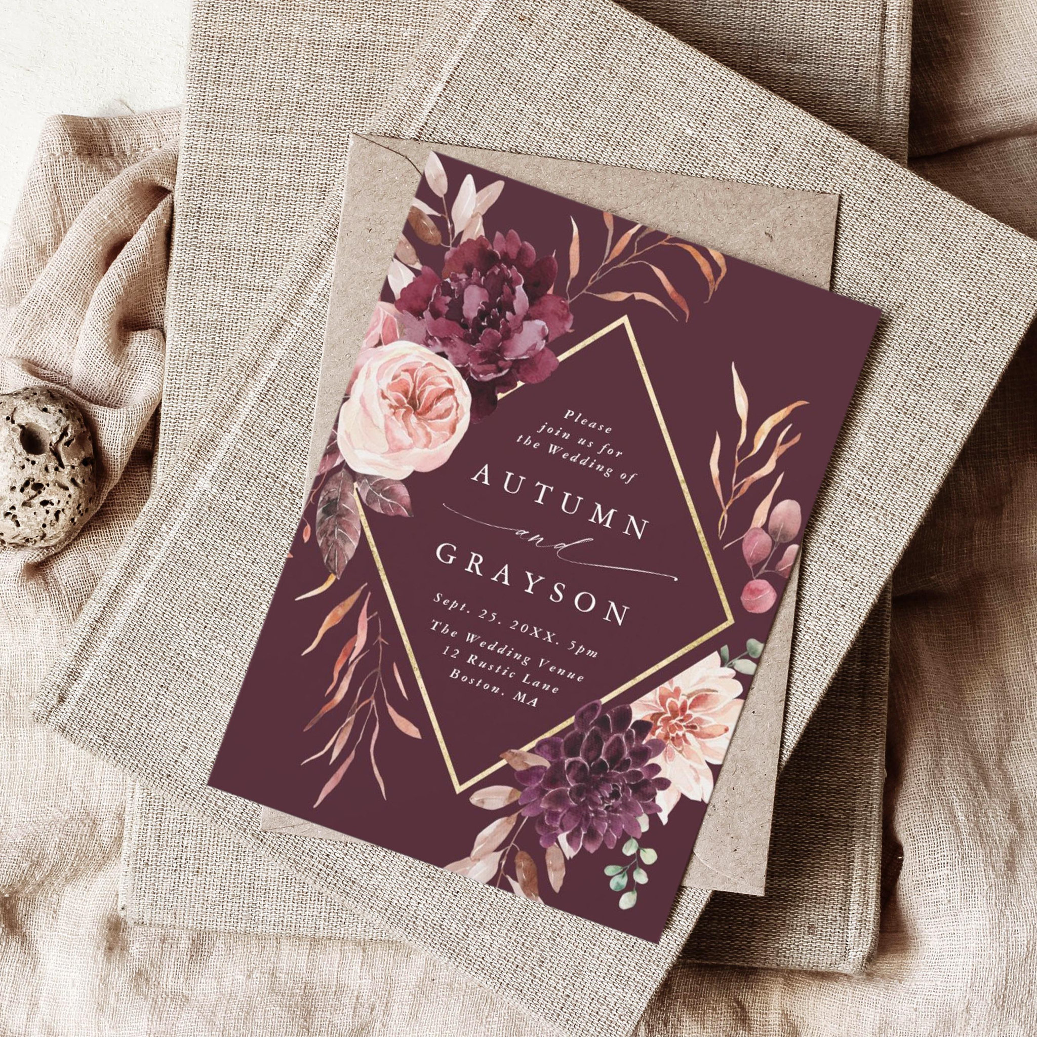 Autumn Romance Gold Frame Floral Wedding Invitation