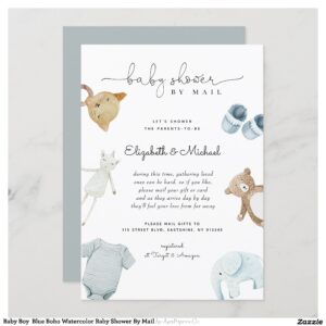 Baby Boy  Blue Boho Watercolor Baby Shower By Mail Invitation