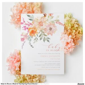 Baby In Bloom   Blush & Teal Spring Floral Shower Invitation