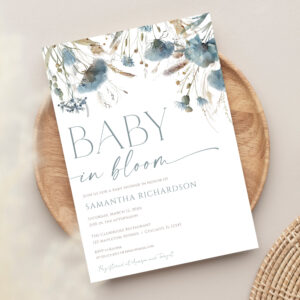Baby in Bloom Dusty blue beige boy baby shower Invitation