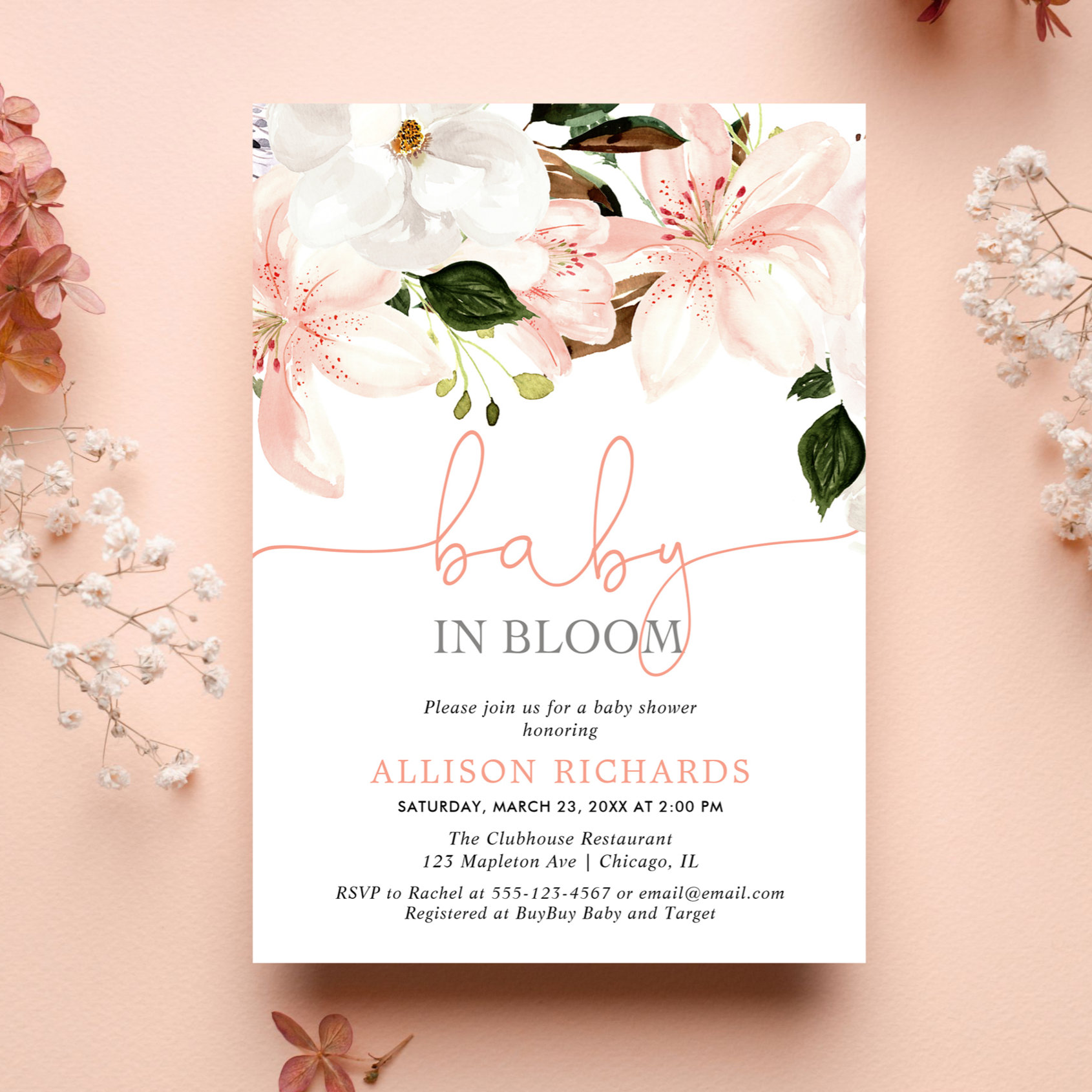 Baby in Bloom floral lilies girl baby shower Invitation