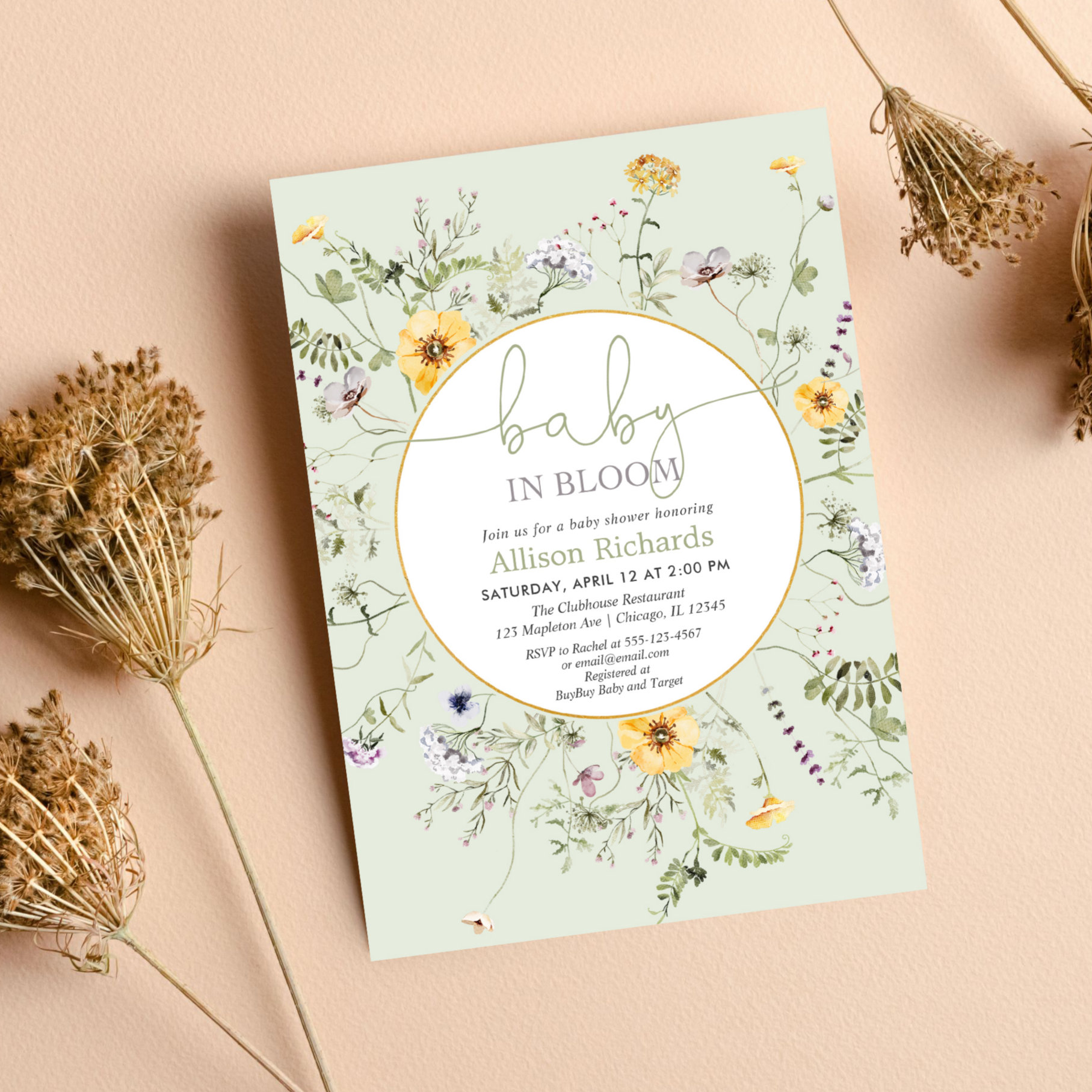 Baby in bloom floral wildflowers gender neutral invitation