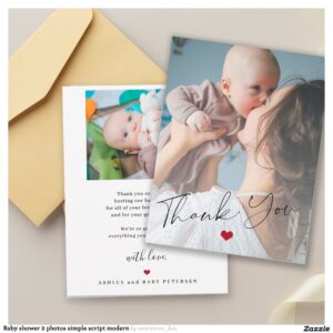 Baby shower 2 photos simple script modern thank you card
