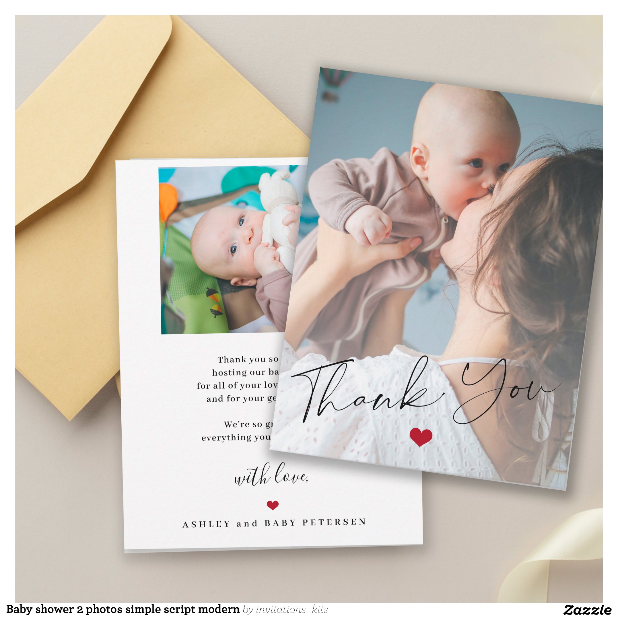 Baby shower 2 photos simple script modern thank you card