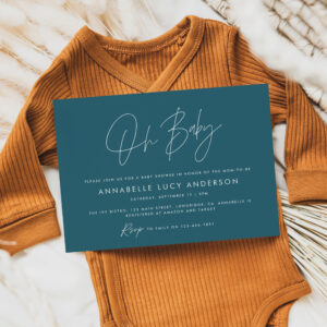 Baby shower script modern teal blue boho invitation