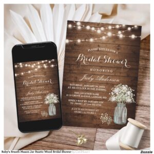 Baby's Breath Mason Jar Rustic Wood Bridal Shower Invitation