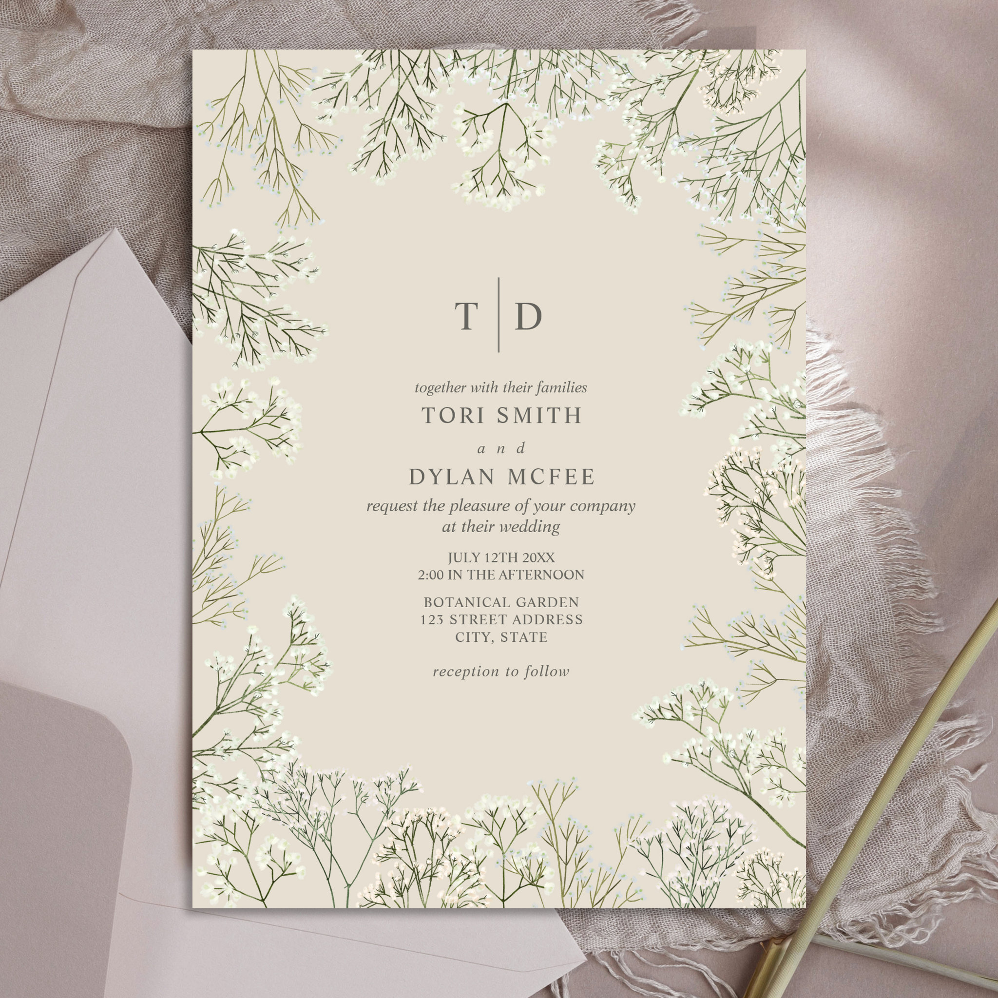 Baby's Breath Monogram Wedding Invitation