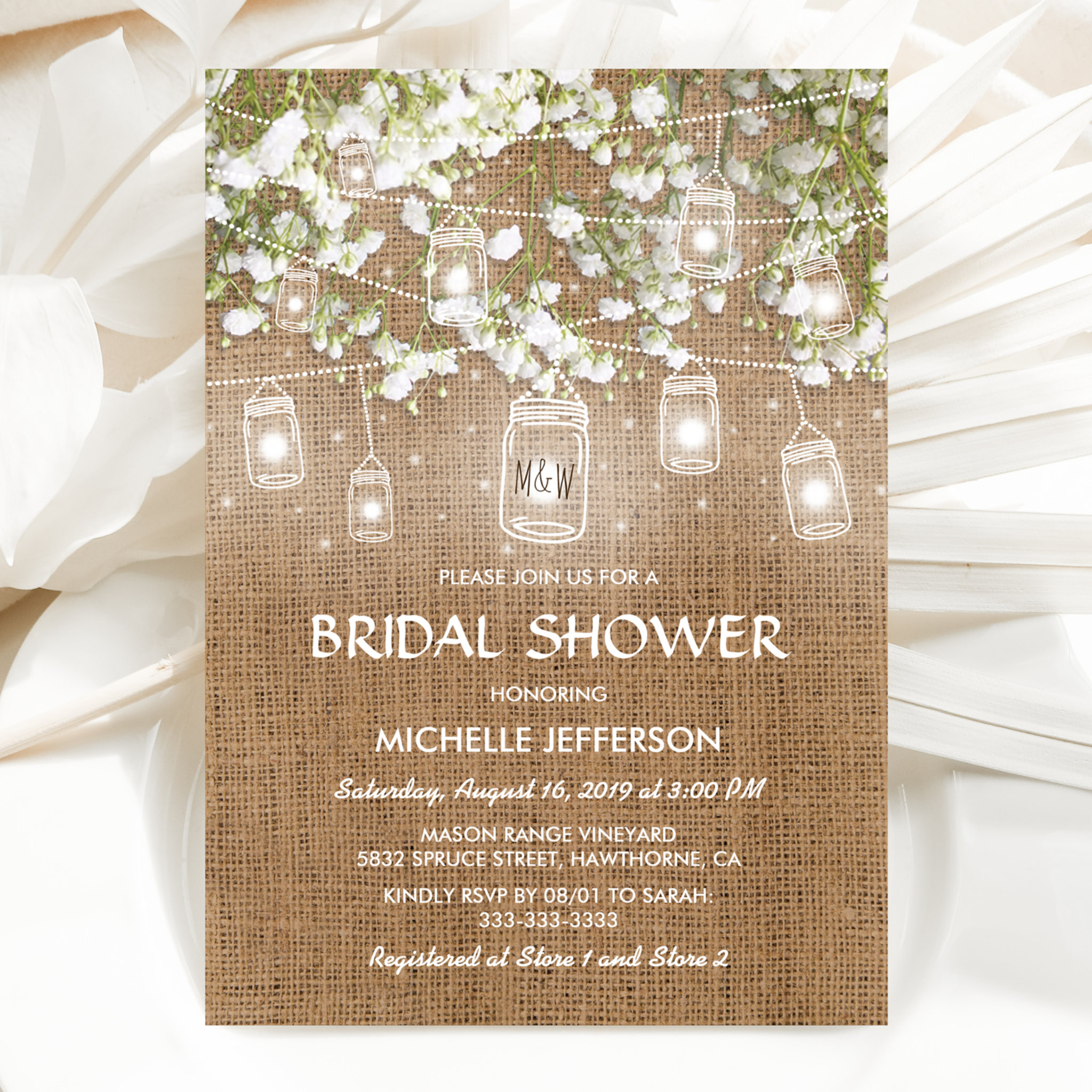 Baby's Breath Rustic Burlap Wedding Bridal Shower Invitation