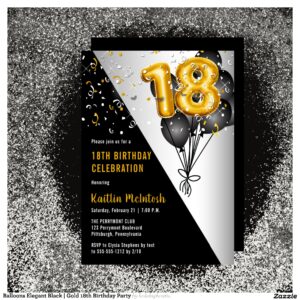 Balloons Elegant Black   Gold 18th Birthday Party Invitation