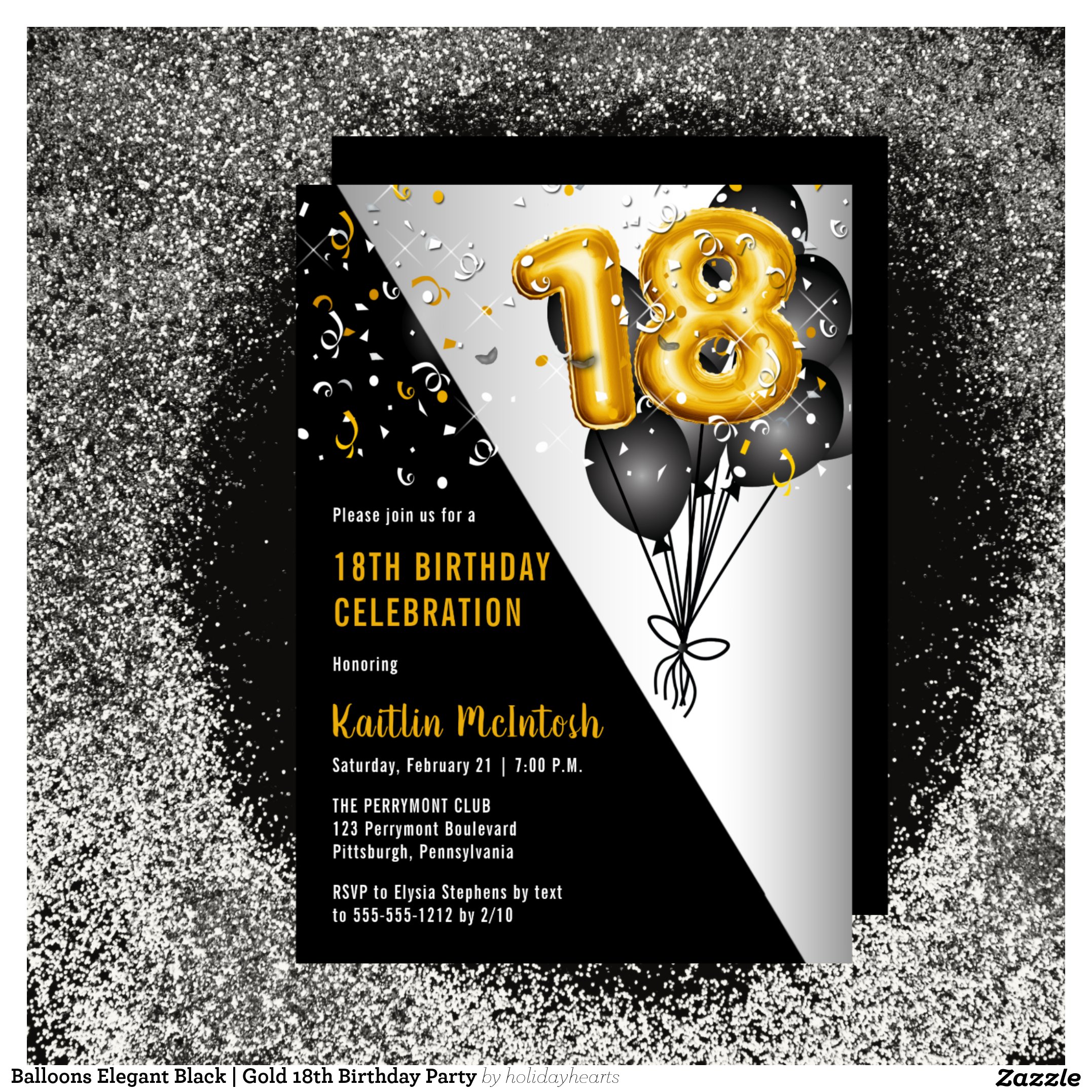 Balloons Elegant Black Gold 18th Birthday Party Invitation