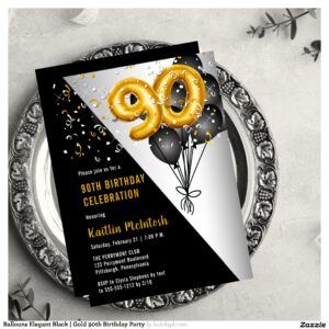 Balloons Elegant Black   Gold 90th Birthday Party Invitation