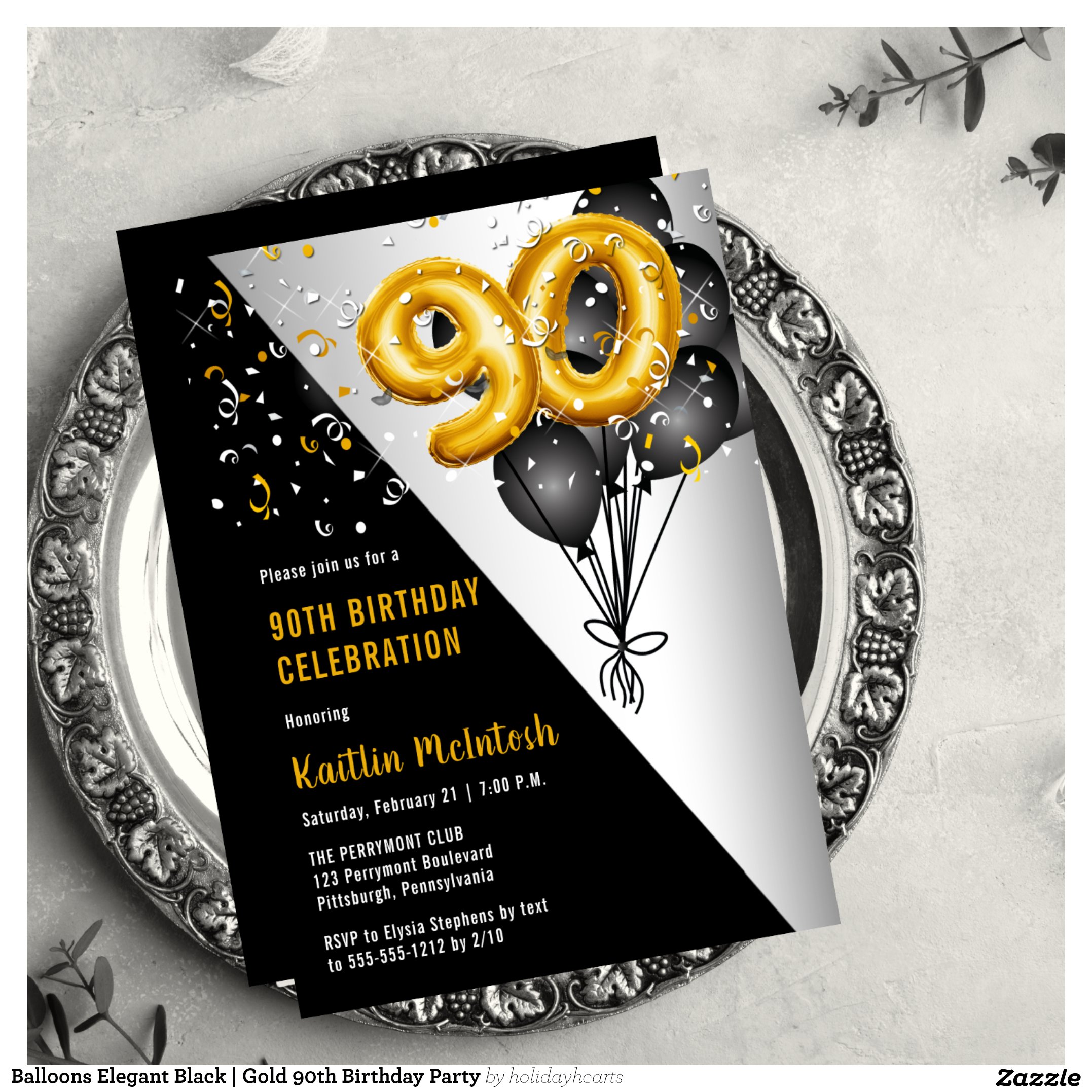 Balloons Elegant Black Gold 90th Birthday Party Invitation