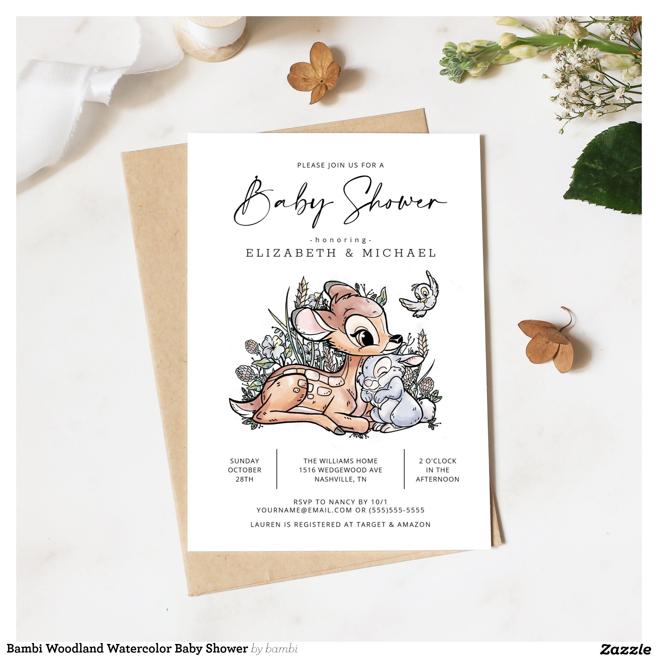 Bambi Woodland Watercolor Baby Shower Invitation