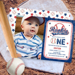 Baseball Rookie Front Photo 1st Birthday Party Invitation
