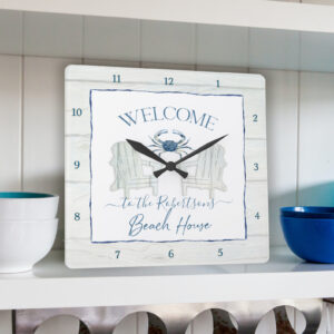 Beach House Watercolor Adirondack Chair Crab Name Square Wall Clock