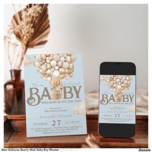 Bear Balloons Bearly Wait Baby Boy Shower Invitation