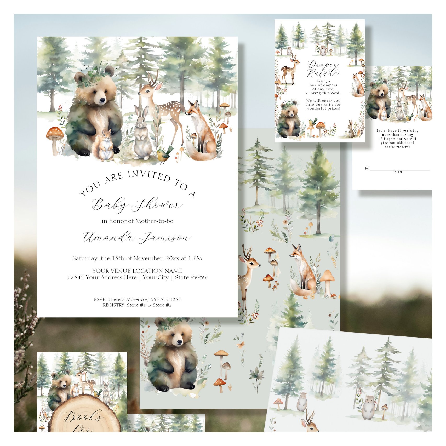 Bear Deer Forest Woodland Cute Animals Baby Shower Invitation