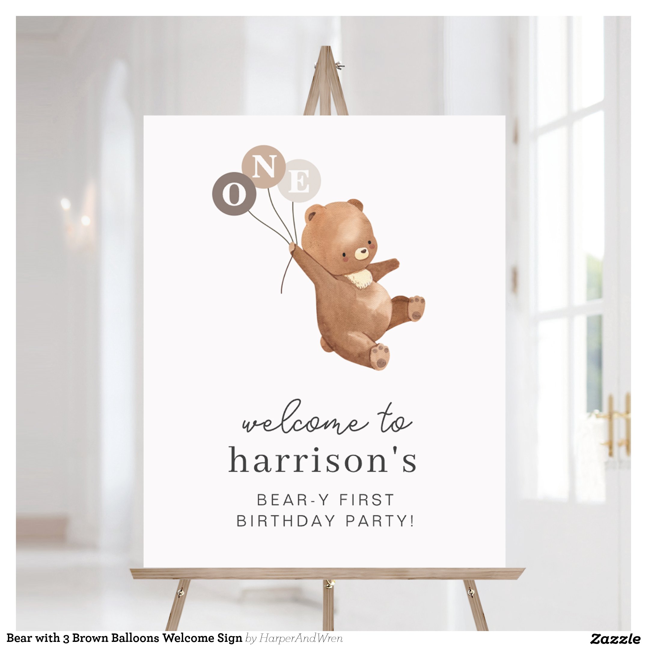 Bear with 3 Brown Balloons Welcome Sign