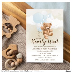 Bearly Wait Neutral, Blue and White Baby Shower Invitation
