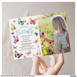 Beautiful Butterfly Watercolor Girl Photo Birthday Invitation
