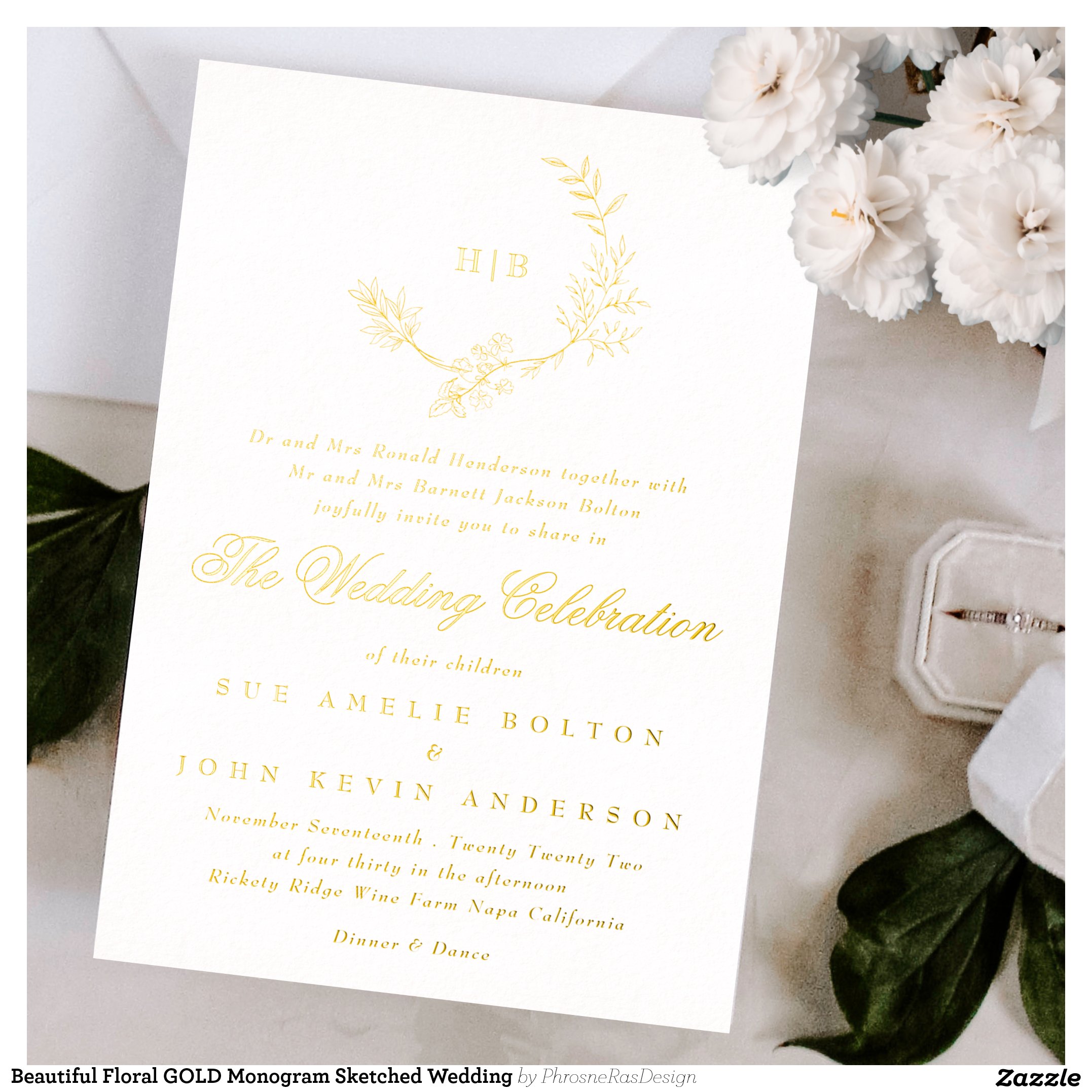 Beautiful Floral GOLD Monogram Sketched Wedding Foil Invitation