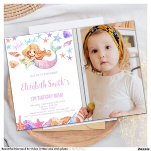 Beautiful Mermaid Birthday Invitations with photo