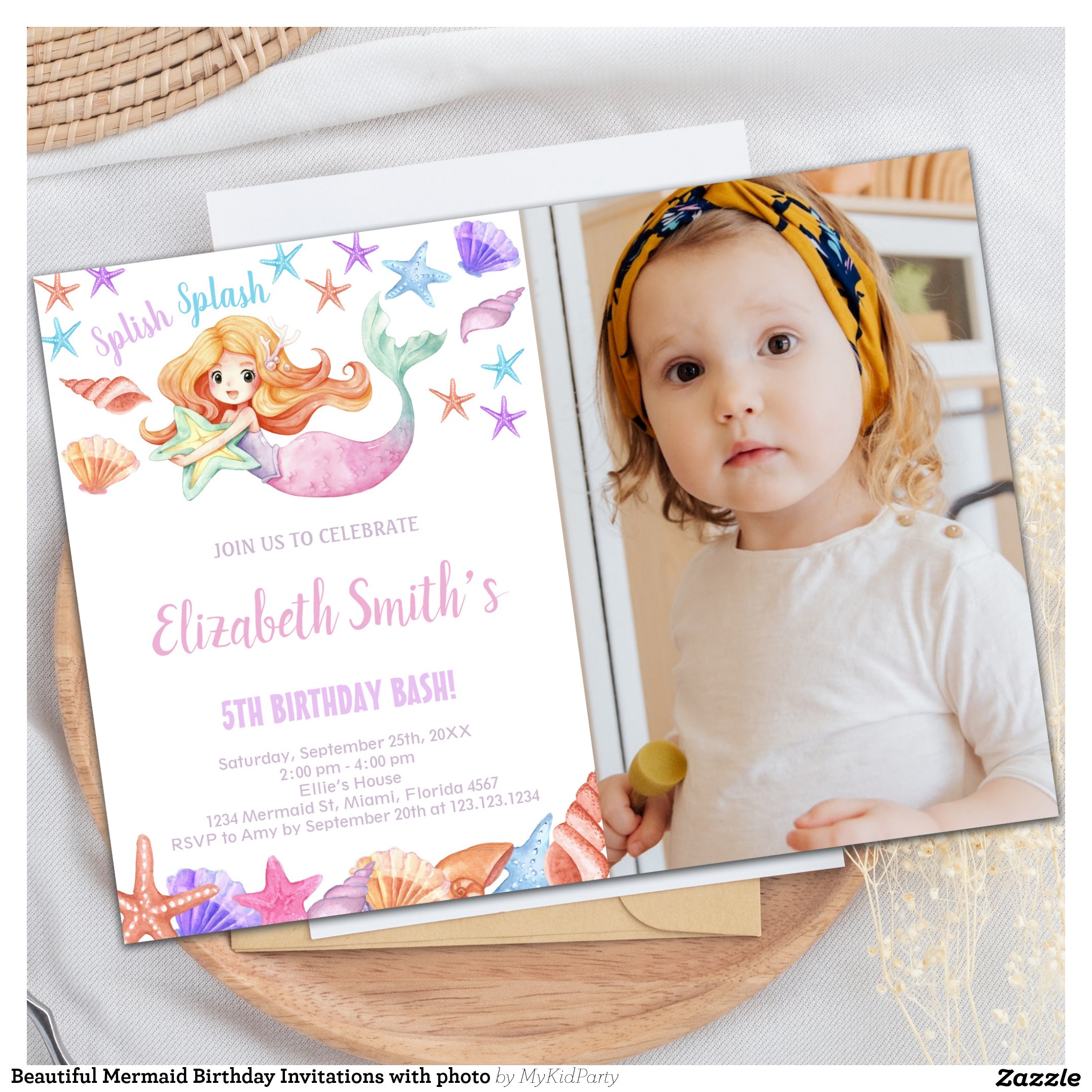 Beautiful Mermaid Birthday Invitations with photo