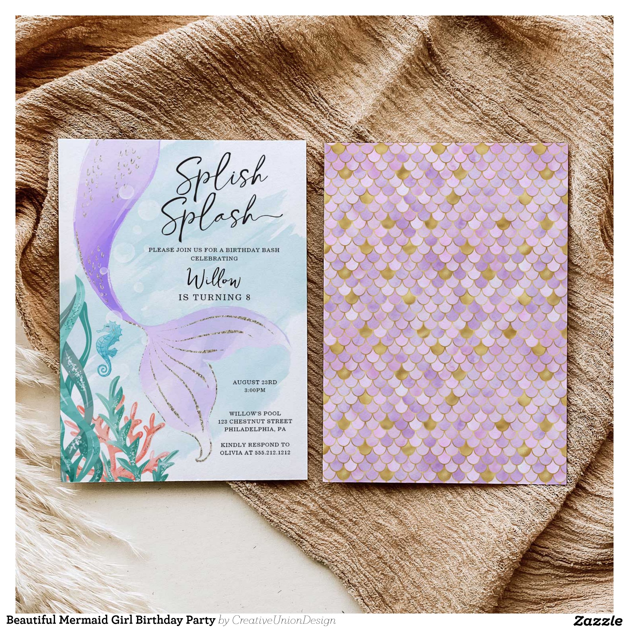 Beautiful Mermaid Girl Birthday Party Invitation