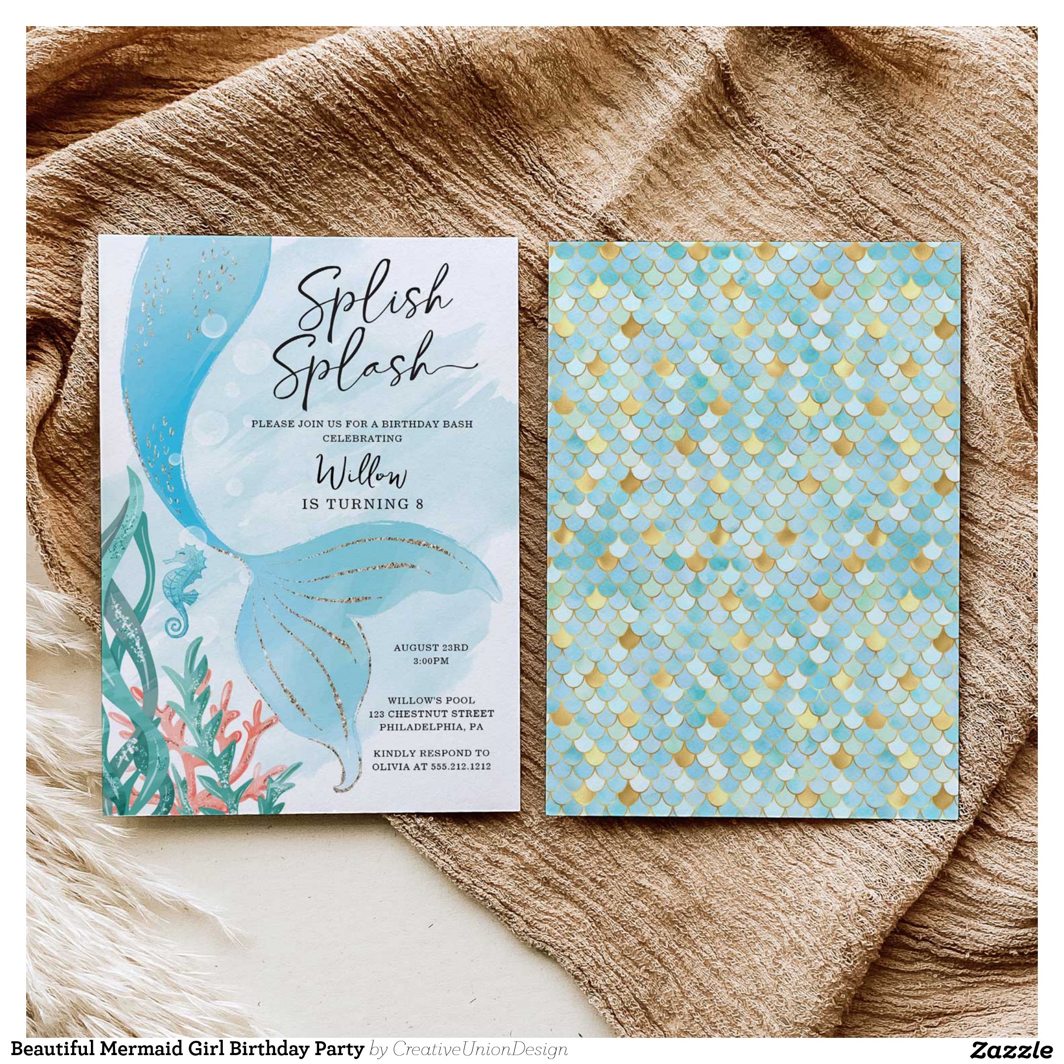 Beautiful Mermaid Girl Birthday Party Invitation