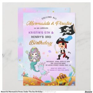 Beautiful Mermaid & Pirate Under The Sea Birthday Invitation