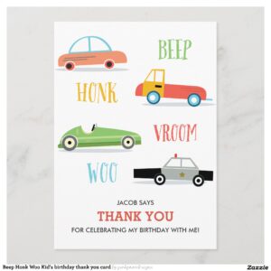 Beep Honk Woo Kid's birthday thank you card