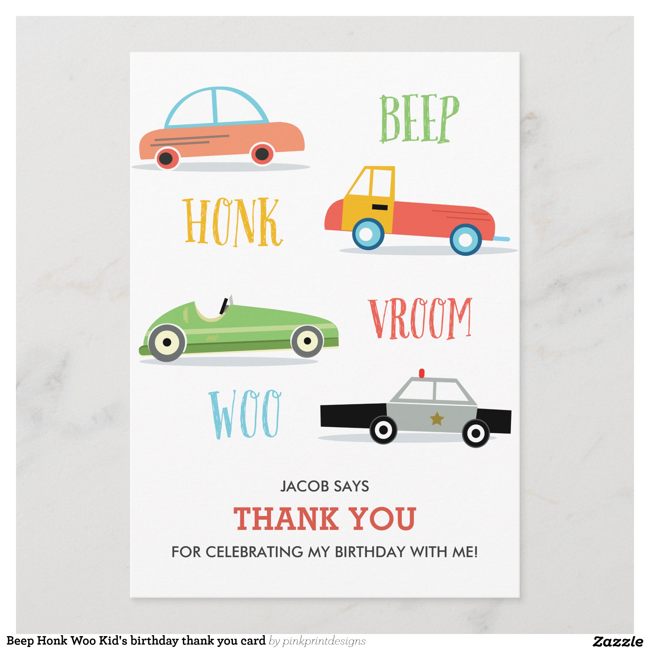 Beep Honk Woo Kid's birthday thank you card