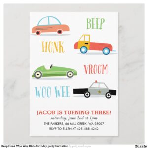 Beep Honk Woo Wee Kid's birthday party Invitation