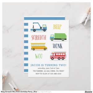 Beep Screech Woo Kid's birthday Party_Blue Invitation