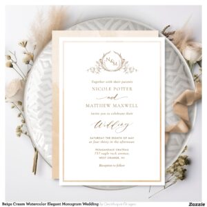 Beige Cream Watercolor Elegant Monogram Wedding Invitation