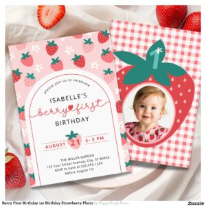 Berry First Birthday 1st Birthday Strawberry Photo Invitation