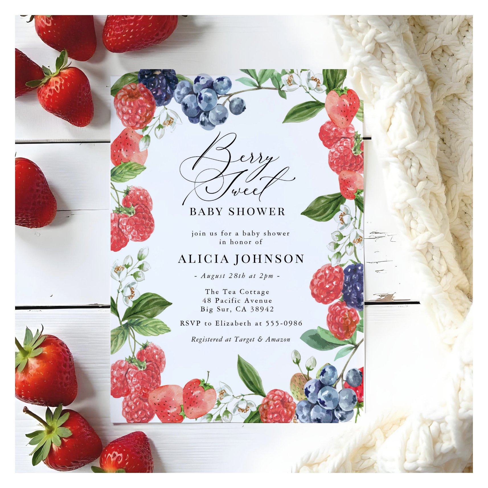 Berry Sweet Strawberry Red Blue Baby Shower Invitation