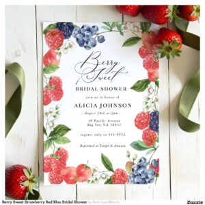 Berry Sweet Strawberry Red Blue Bridal Shower Invitation