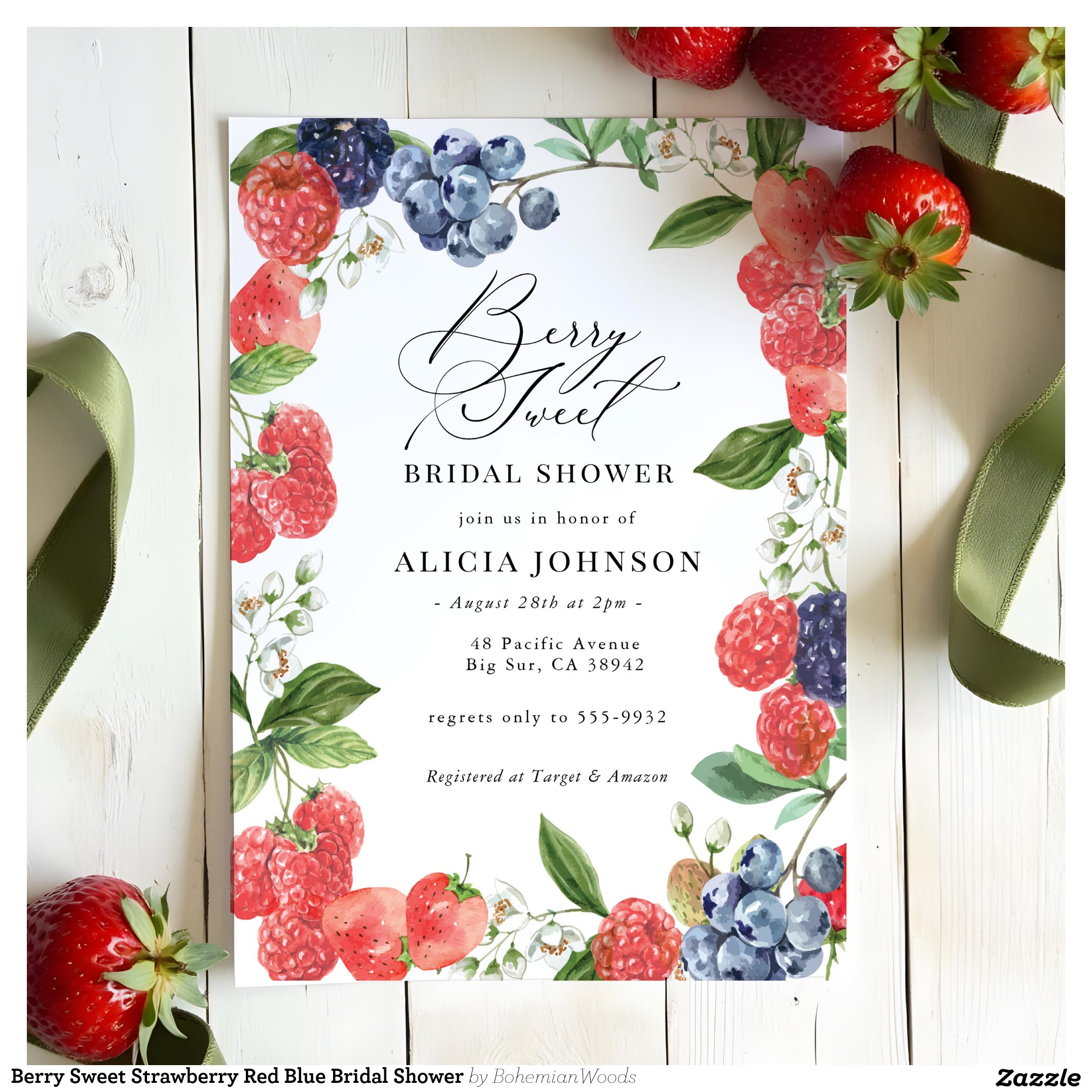Berry Sweet Strawberry Red Blue Bridal Shower Invitation