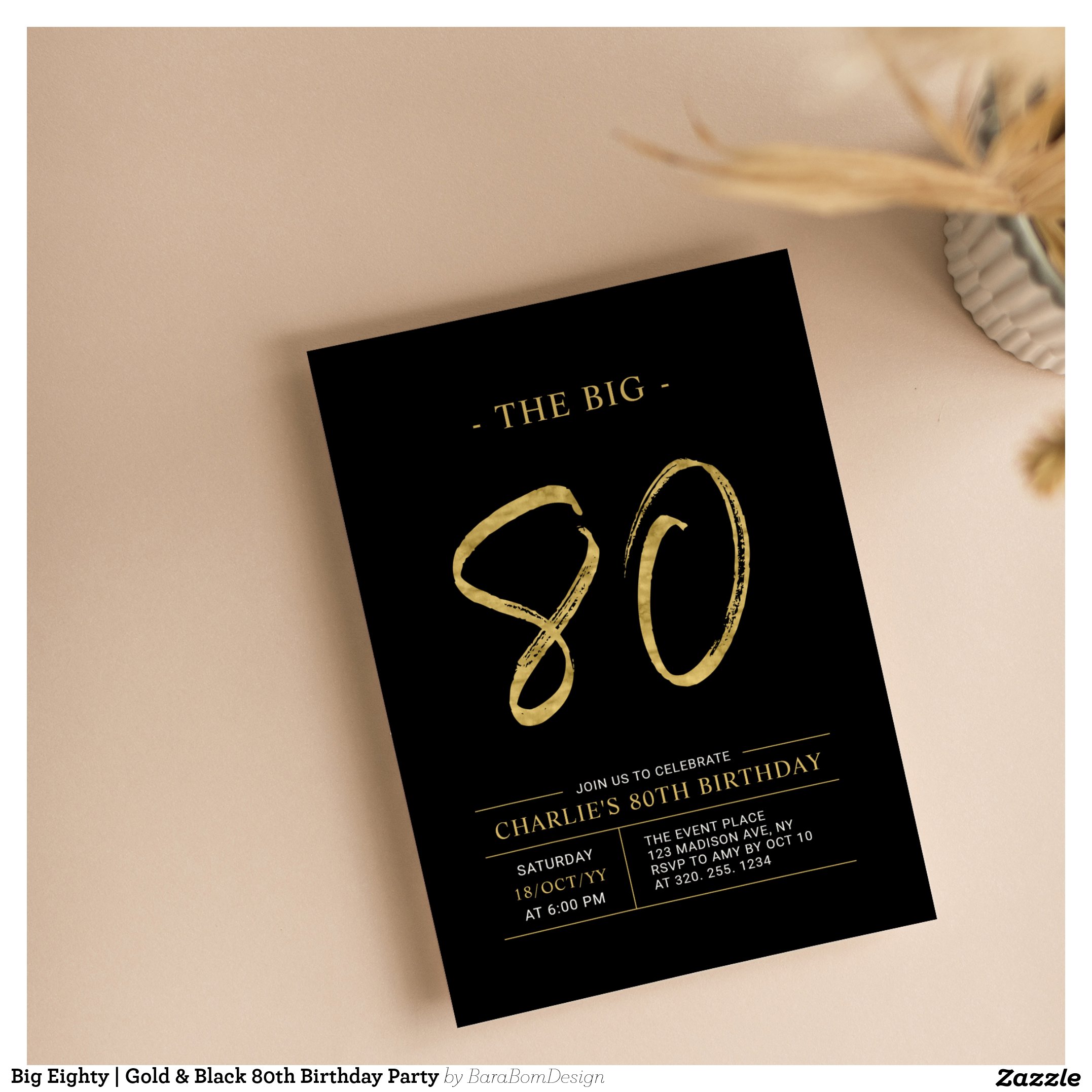 Big Eighty Gold & Black 80th Birthday Party Invitation