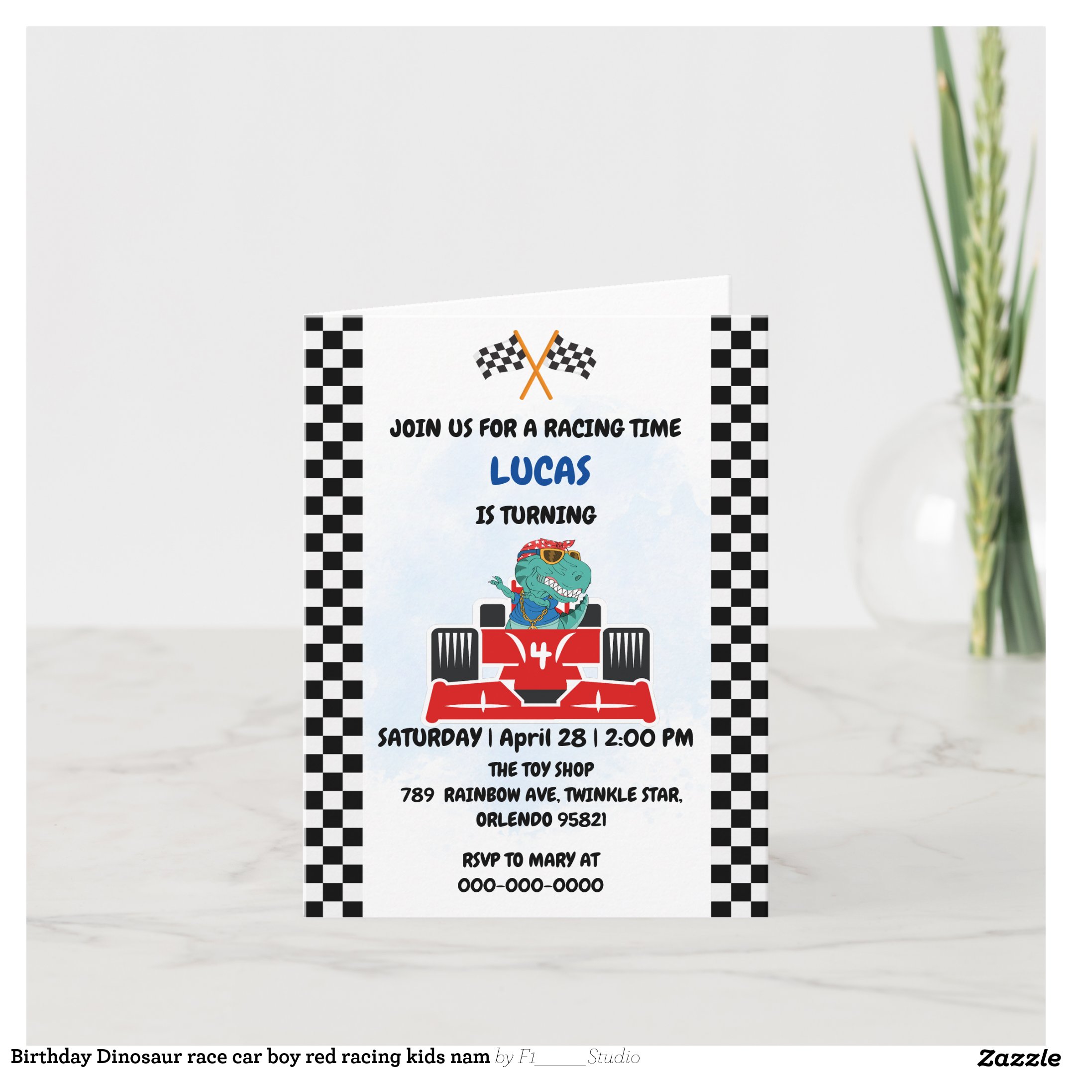 Birthday Dinosaur race car boy red racing kids nam Invitation