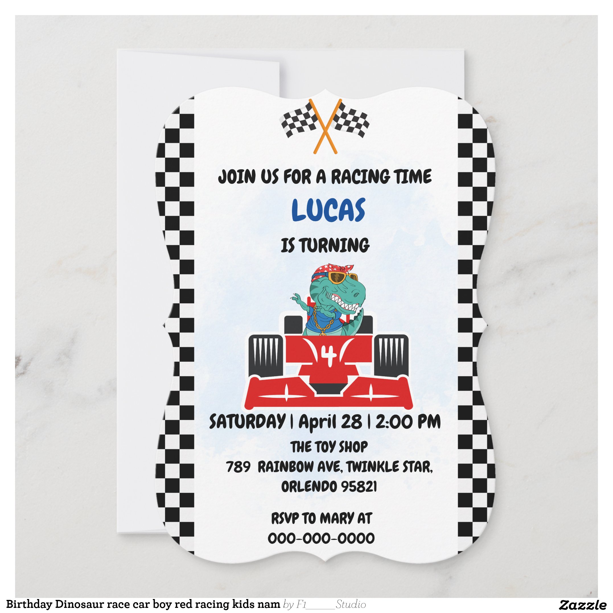 Birthday Dinosaur race car boy red racing kids nam Invitation